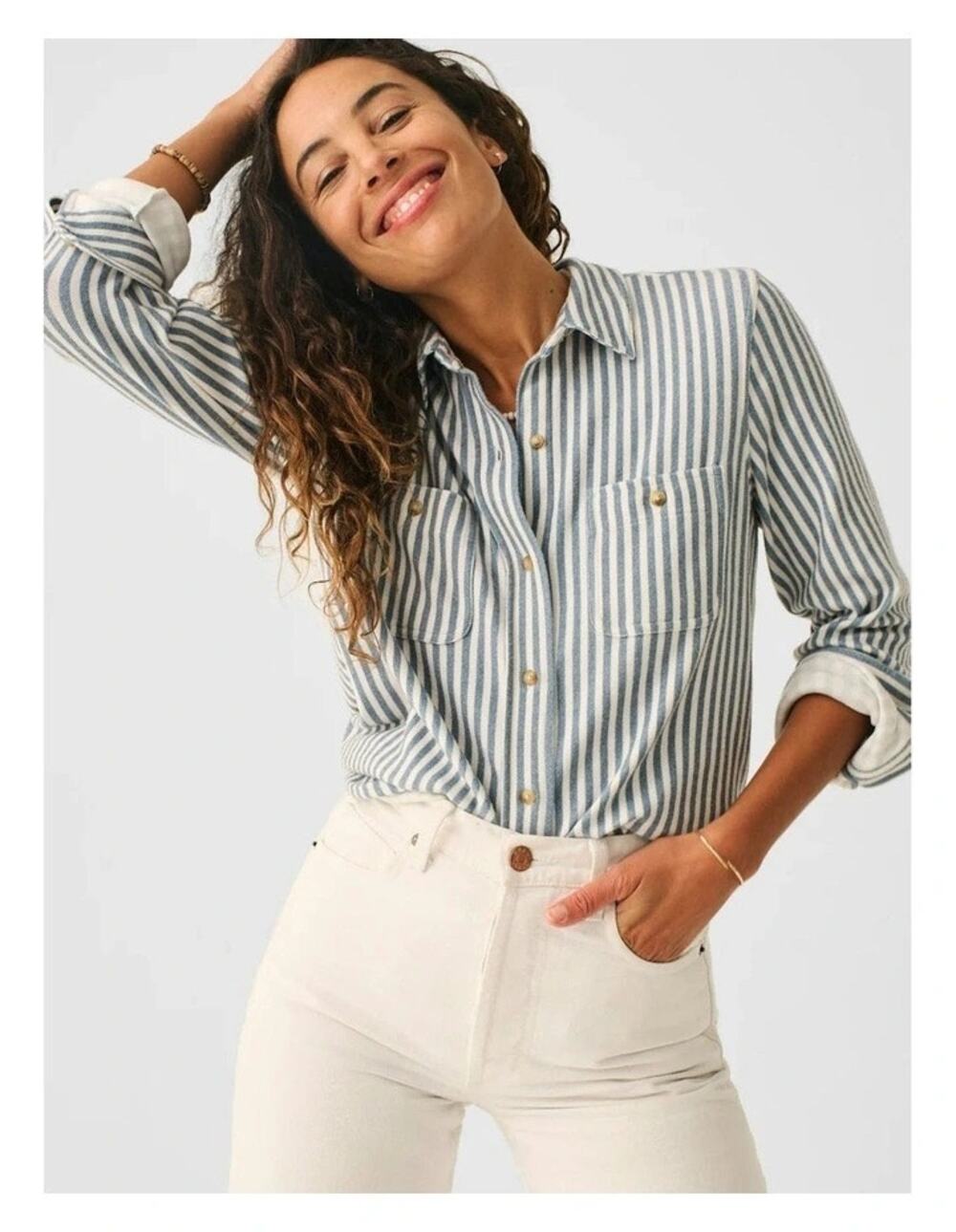 Faherty Terry Cloth Legend Sweater Shirt Blue Striped Button Down Size XL